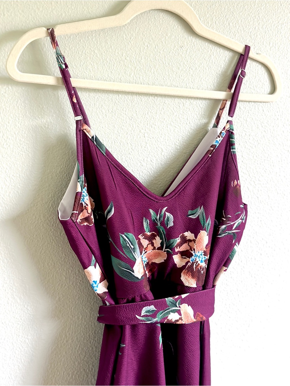Burgundy Floral V-Neck Spaghetti Strap Adjustable Wrap Fit & Flare Dress - Picture 6 of 7